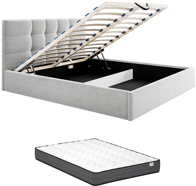 Vente-unique Bed met opbergruimte stof lichtgrijs 160 x 200 cm