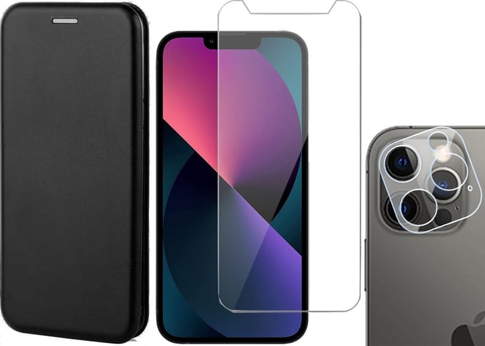 Hoesje geschikt voor iPhone 13 Pro Max - Portemonnee Book Case - Zwart - Met Screenprotector en Camera Screen Protector