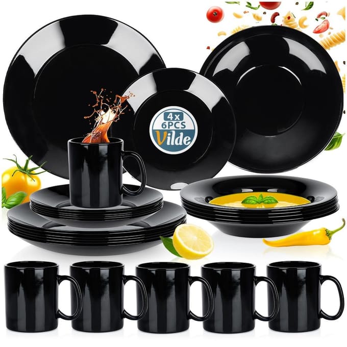 Serviesset Glas Zwart 24 delig - Servies Set - Bordenset - Borden