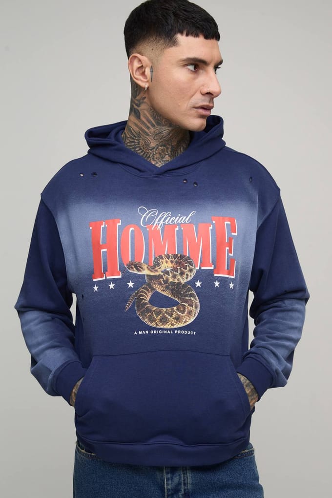 Tall Oversized Boxy Homme Western Spray Wash Distressed Hoodie | Navy | Size Medium