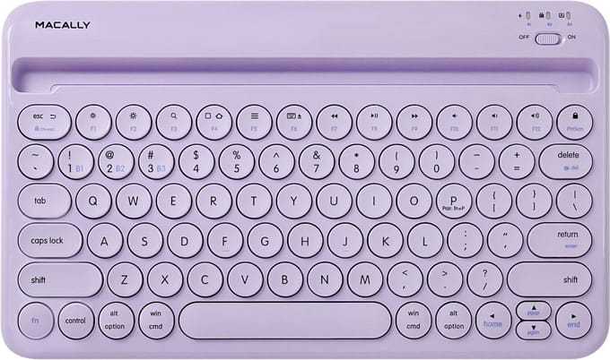 Macally BTTABKEYBATPU compact draadloos bluetooth-toetsenbord met geïntegreerde iPad/tablet-sleuf, oplaadbare batterij en multi device (tot 3 apparaten) ondersteuning - QWERTY - Paars