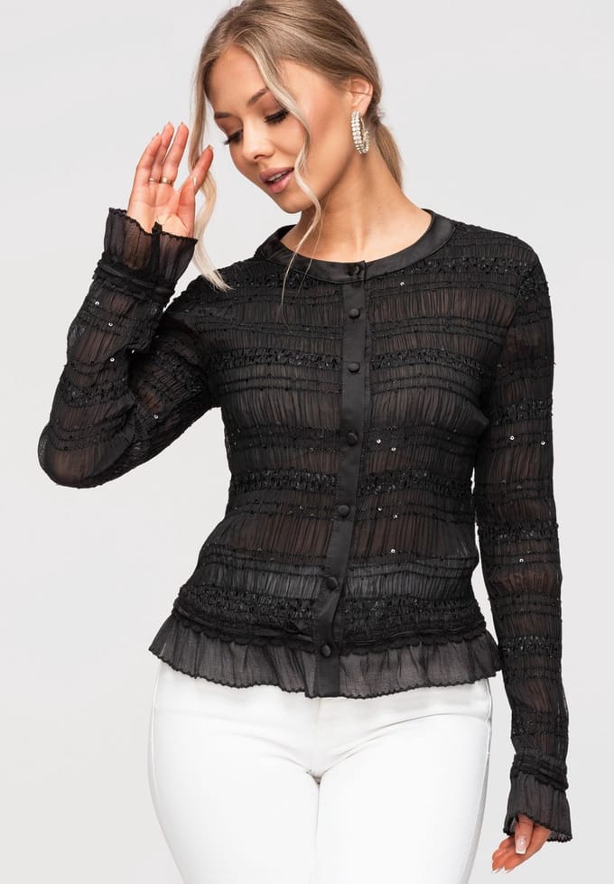 OMBRE Blouse - Aansluitend - Lange Mouw - Knopen Zwart M/L