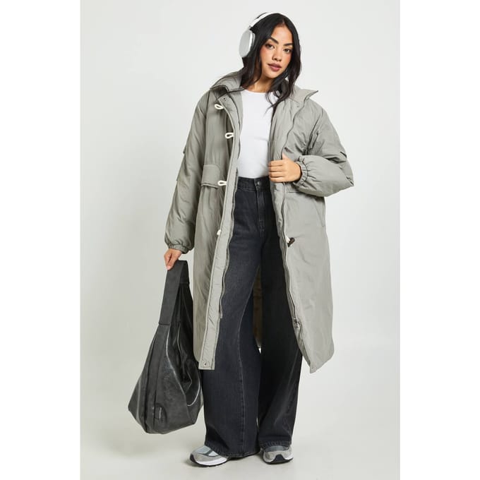 boohoo Dames Maxi Puffer met toggles | Grey | Maat: 8