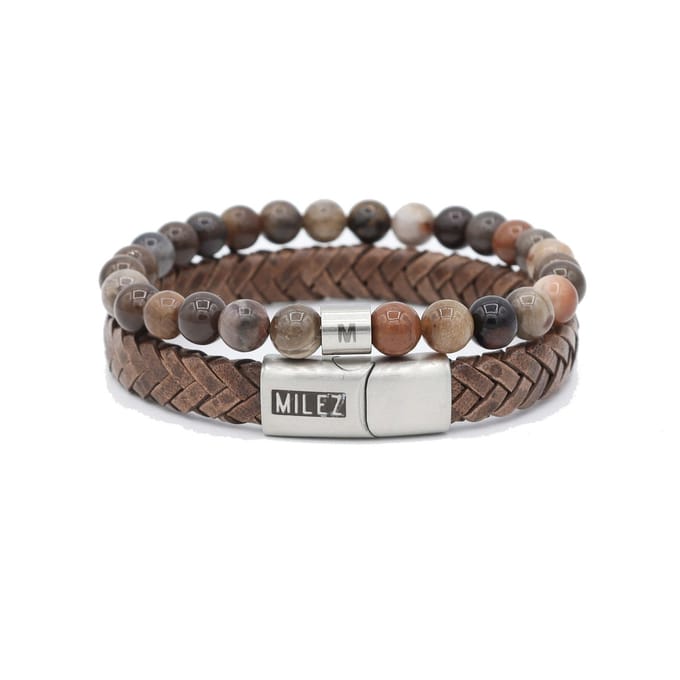 Milez - Armband set dames - armband dames leer kralen - Bruin-Zilver - Maat L