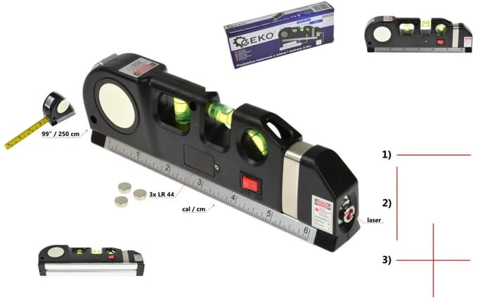 GEKO Multipurpose laserwaterpas - 2,5m meetlint - 3 richtingsniveaus