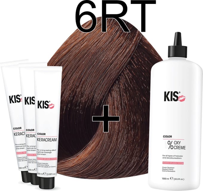 Kis KeraCream Color - 100ml - Haarverf Set - 6RT Donker rood tabak | KIS - (3 x haarverf & 1L waterstofperoxide)
