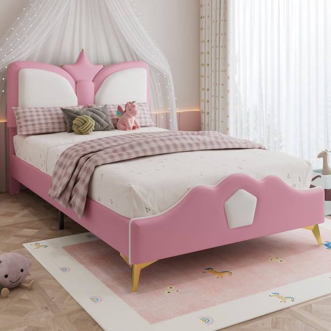 REDOM Bedframe 90x200 cm – Kroonvormig hoofdbord – Zachte schuimranden – PU – Roze & Wit – Kind