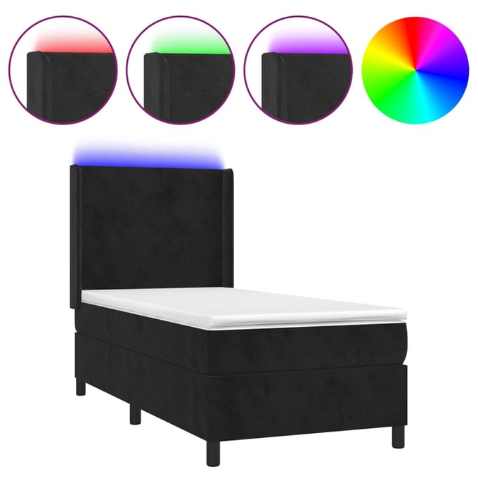 vidaXL - Boxspring - met - matras - en - LED - fluweel - zwart - 90x200 - cm