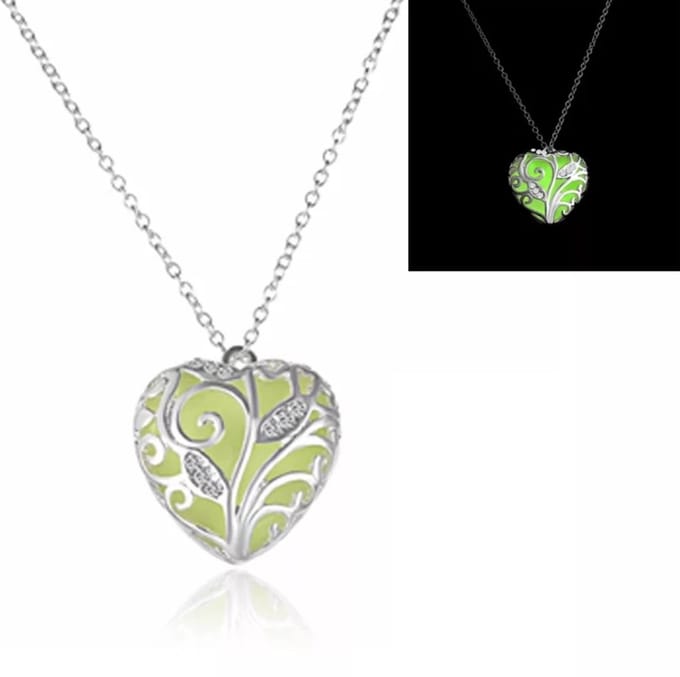 Glow in The Dark Ketting - Hart Medaillon - Groen - Verzilverd - Cadeau - EmmyRovi
