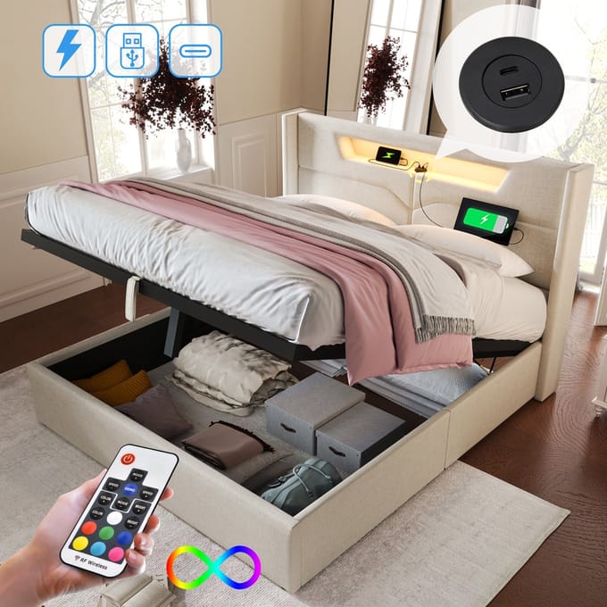 Gestoffeerd Bed - 140x200 cm - LED en USB C - Met Opbergruimte - Linnen