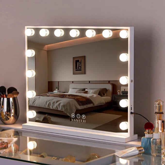 VANITII GLOBAL Hollywood Make-up Spiegel met Verlichting Licht LED Wit 58 × 46 cm
