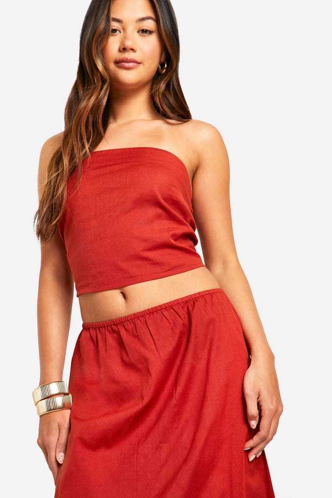 boohoo Dames Linnen Look Bandeau & Column Maxi Rok | Rood | Maat: 34