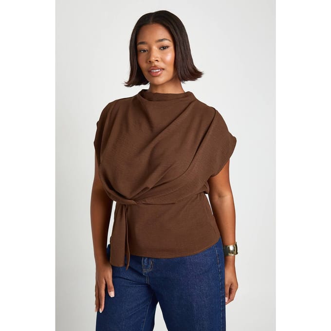 boohoo Dames Plus Knot blouse met vallende kraag | Chocoladebruin | Maat: 44