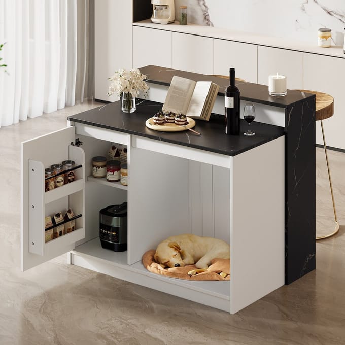 PHOEBE CAT Keukeneiland - Eettafel - Bartafel - Marmerlook - 120 × 80 × 100 cm - Wit + Zwart