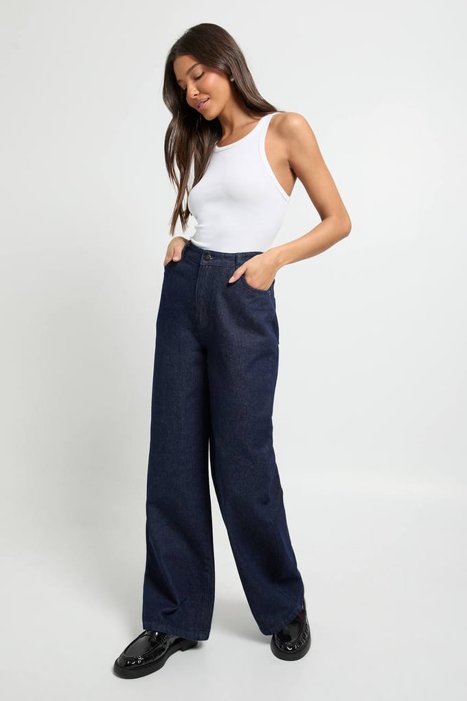boohoo Dames Hoge Taille Wijde Pijpen Jeans | Indigo | Maat: 10