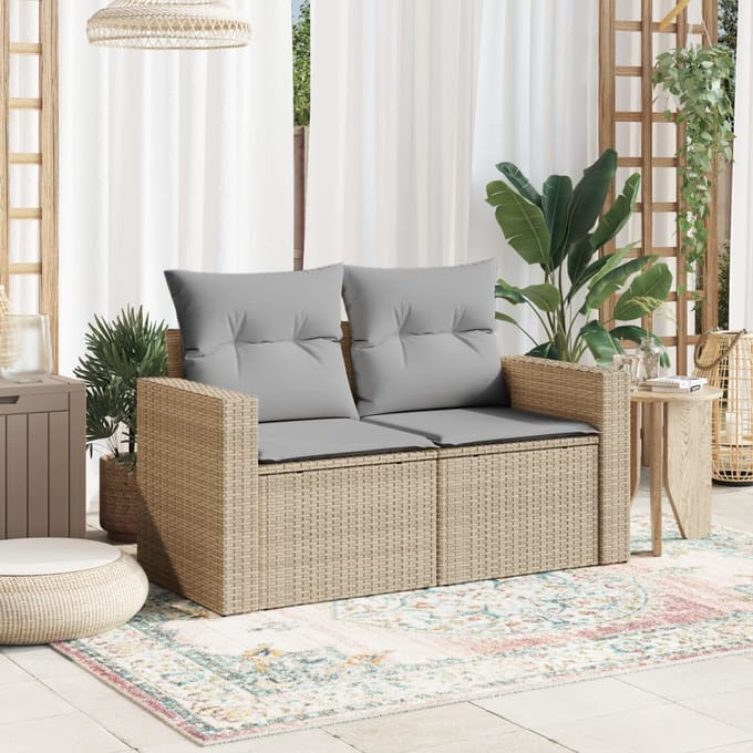 vidaXL - Tuinbank - 2-zits - met - kussens - poly - rattan - beige