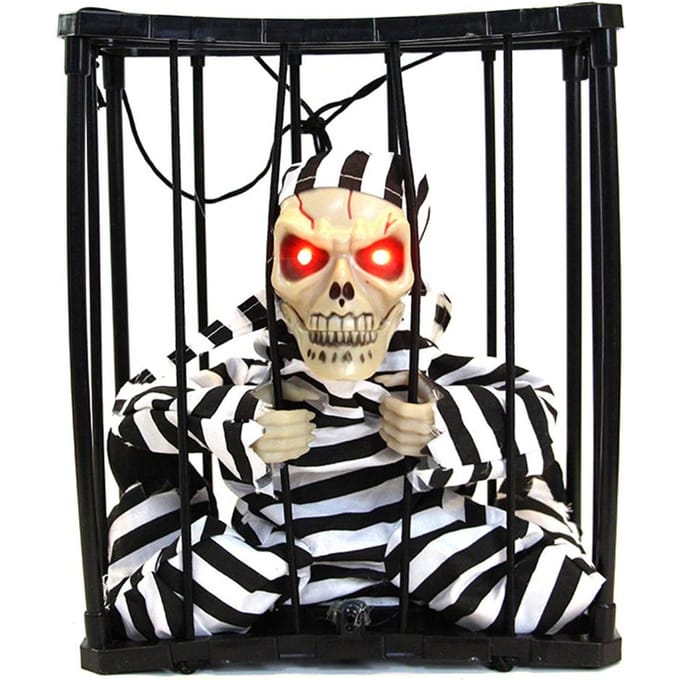 Halloween Eng Schreeuwend Geanimeerd Skelet Kooi Gevangene met Oplichtende Ogen Spookhuis Requisieten Average code black