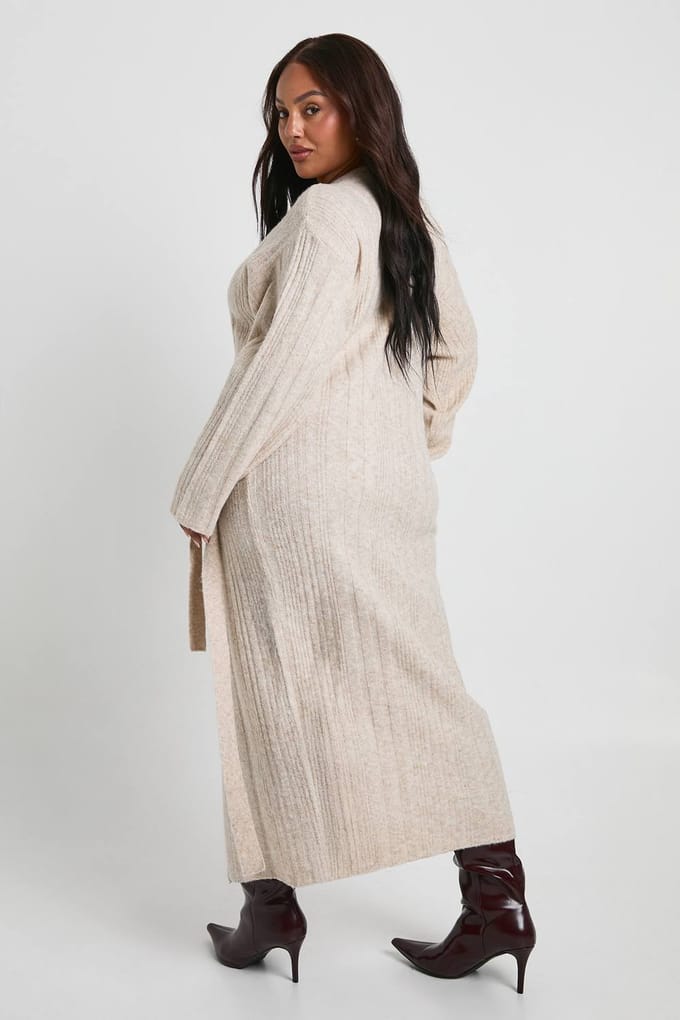 boohoo Dames Plus Lichtgewicht Mixed Rib Wrap Jurk | Taupe | Maat: 52
