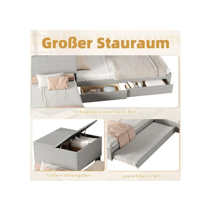 Lit d'angle - MUVOE - 90x200 - 2/3 places - Lit gigogne & tiroirs - Tissu lin gris gris