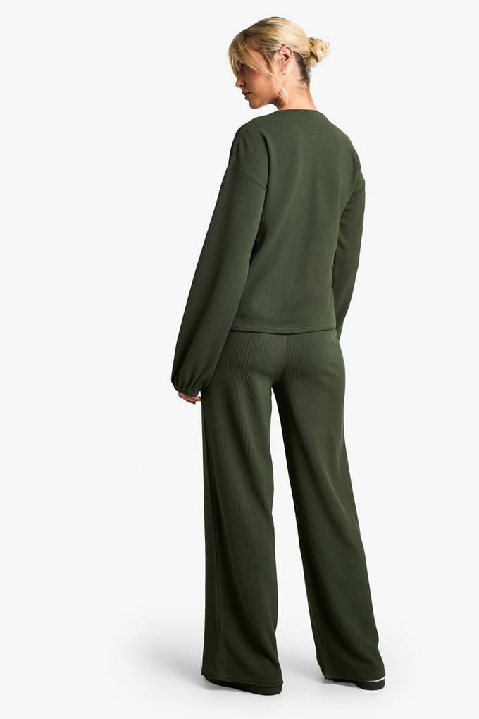 boohoo Dames Geribbelde Blouse met Voorstrik en Broek Co-ord | Kaki | Maat: 36