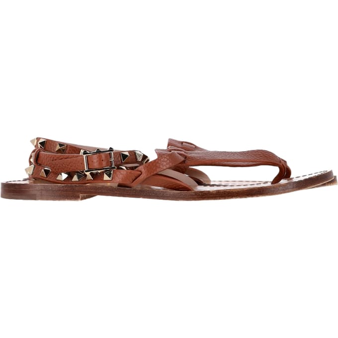 Valentino Garavani Rockstud T-Strap Platte Sandalen in Bruin Leer