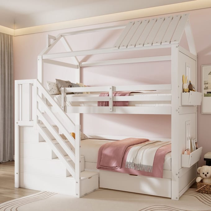 MODFU – Kinderstapelbed – 90x200 cm – Opbergtrap & Laden – Dak- en Raamontwerp – Grenenhout – Wit
