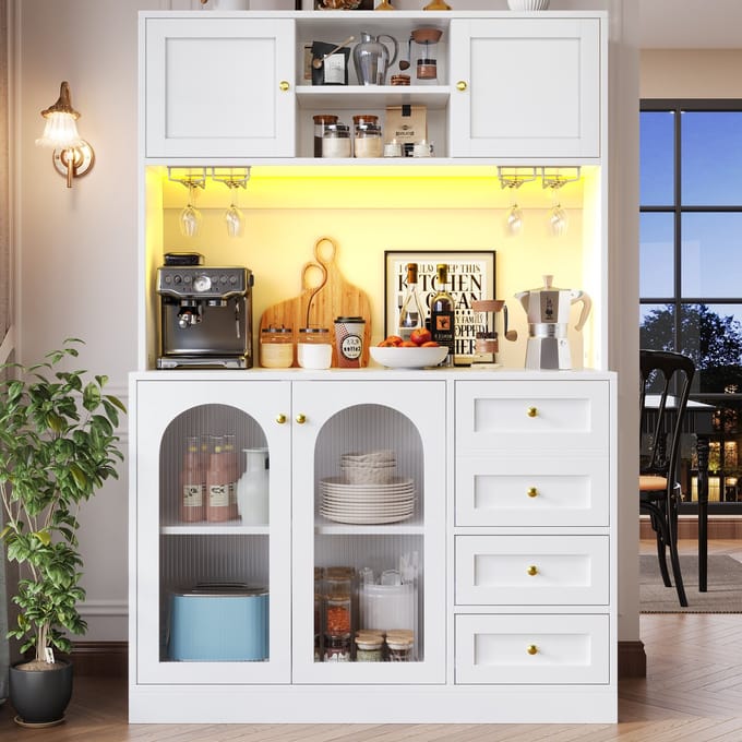 REDOM - Buffetkast - Met LED-Verlichting En Geribbeld Glas - Retro - MDF - Wit - 120 x 40 x 188 cm