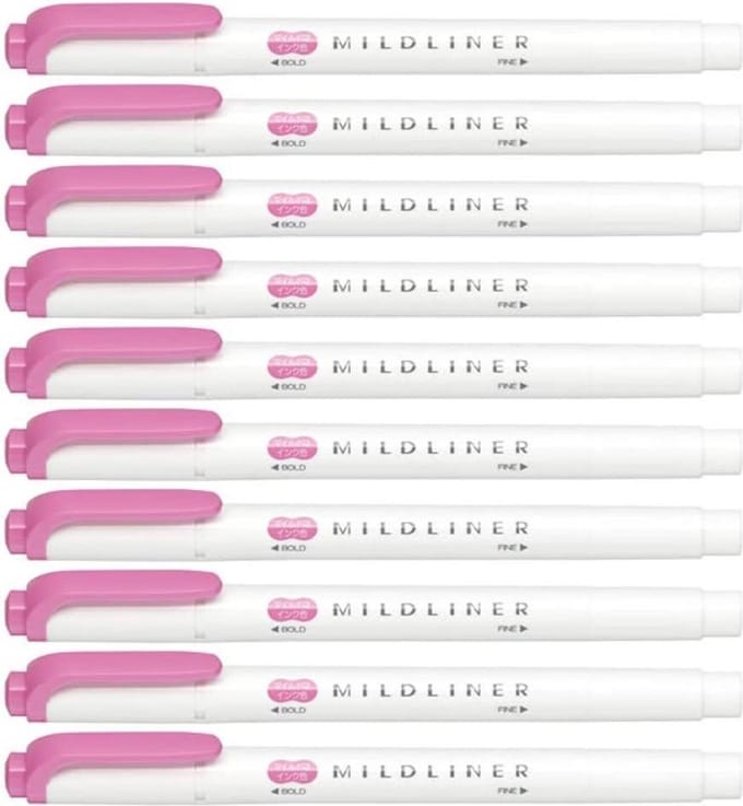 Zebra Mildliner Double-Sided Highlighter - Fine / Bold – Mild Fuchsia Set van 10 + een Luxe Zipperbag - WKT7-MFU