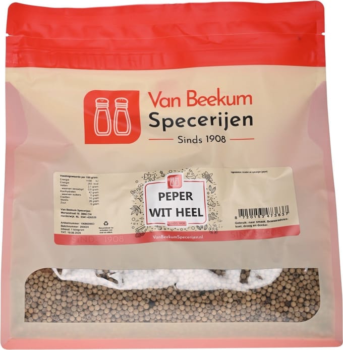 Van Beekum Specerijen - Peper Wit Heel - 1 KG (hersluitbare stazak)