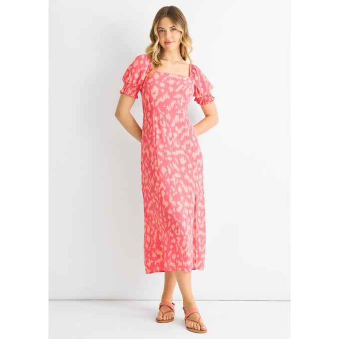 Roze Dierenprint Vierkante Hals Viscose Midi Dress