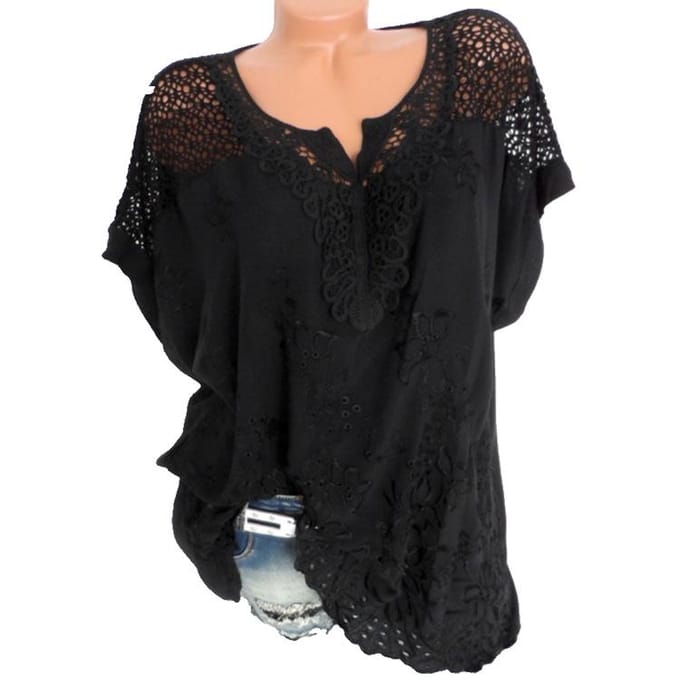 Mode dames T-shirt met kanten V-hals en geborduurde korte mouwen M wit