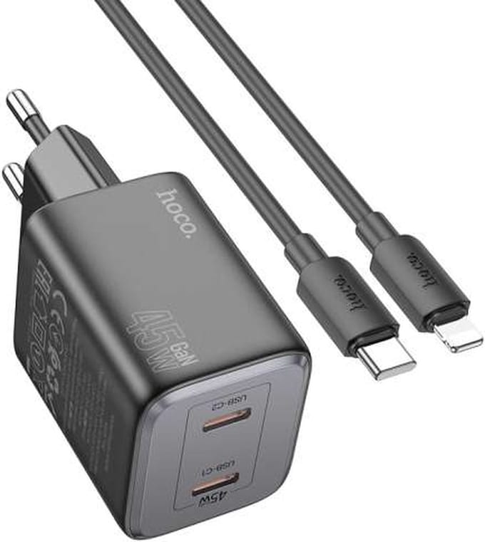 Hoco 45W Snellader - 2in1 Oplader USB C met Lightning Kabel Geschikt voor iPhone - Zwart