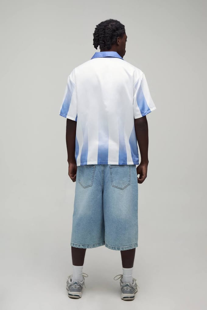 Oversized Shirt Met Korte Mouwen En Homme Sportprint In Satijn | Blue | Size Medium