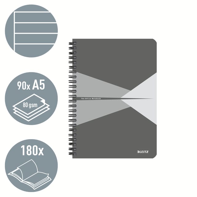 Leitz Office Notitieboek A5 Gelijnd - met PP Omslag - 80 Grams Papier - Grijs