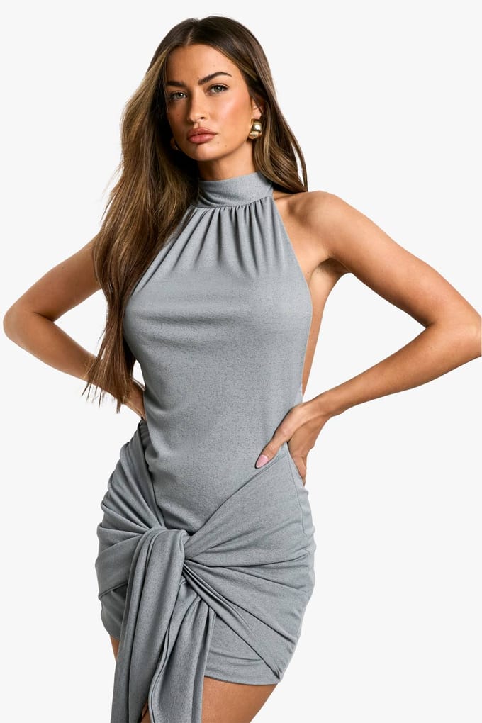 boohoo Dames Mini-jurk met textuurgaas, geraffineerde hals en taille met strik | Houtskool | Maat: 44