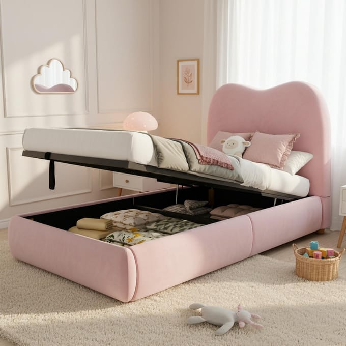 Opbergbed Kinderbed 90x200 - Boxspring Roze Velvet Met Hydraulisch Bed En Hoofdbord