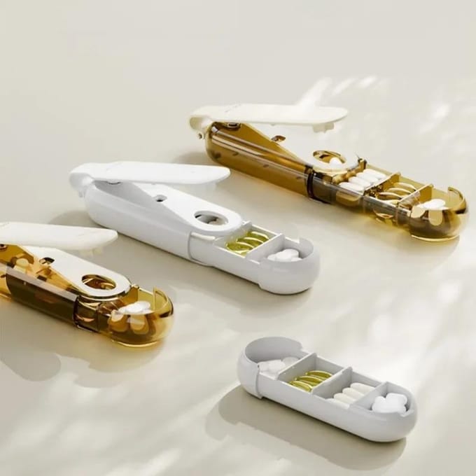 2 en 1 Portable Pince à Comprimés Extracteur Avec Boîte à Médicaments Gadgets Ménagers Comprimés Pilules Outil d'Aide Distributeur de Pilules beige