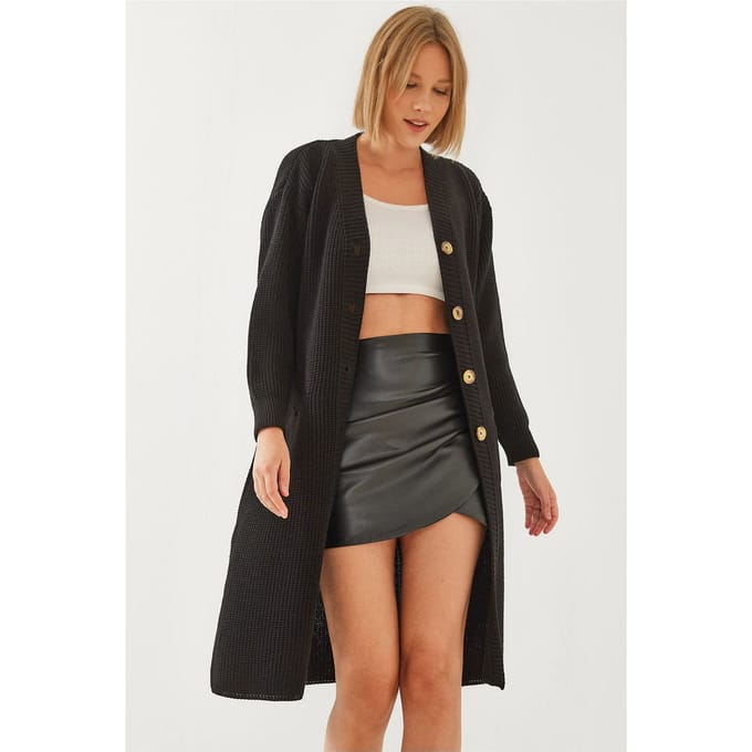Gestructureerde Lange V-hals Knopen Cardigan