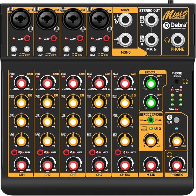 6-Kanaals DJ Audio Mixer met USB Interface en Bluetooth - Geschikt voor Streaming, Podcast en Live Optredens