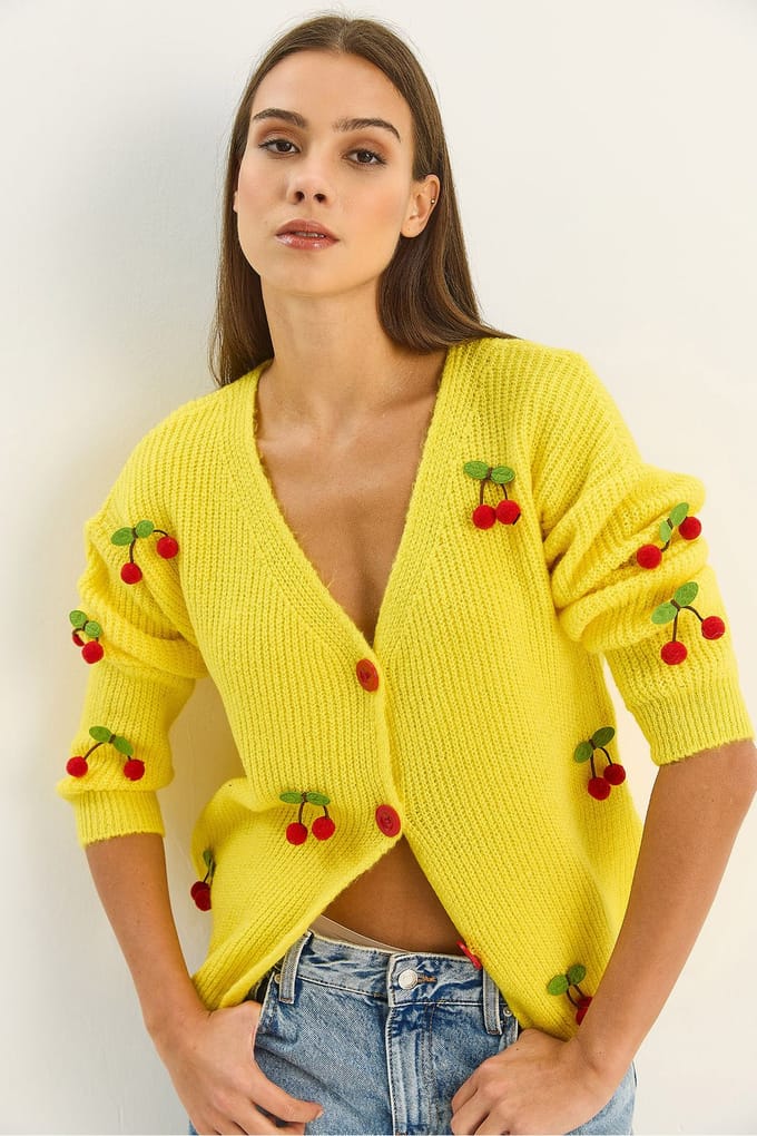 V-hals Geborduurde Fruit Brei Cardigan