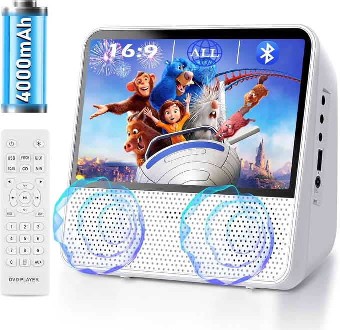 Draagbare DVD-speler voor kinderen – HD auto-DVD, Bluetooth, 4000 mAh, USB/RCA/hoofdtelefoon, afstandsbediening