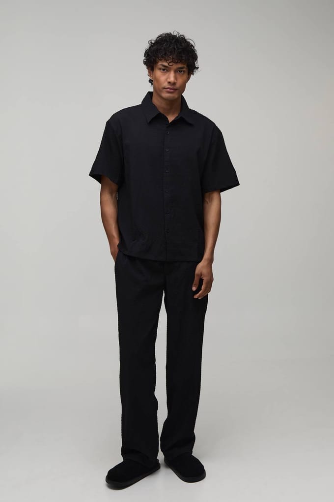 Gestreepte Seersucker Oversized Shirt & Relaxed Broek Set | Black | Size Medium