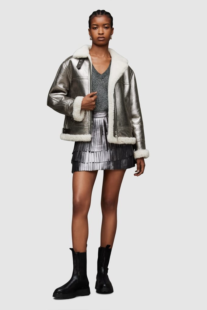 AllSaints Lorel Flying Jacket Silver/off White Taglia: S | Giacche di pelle Outlet | Donna | Bianco