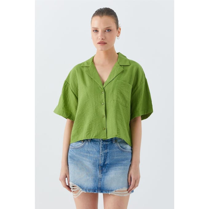 Losse Fit Knop-Up Crop Shirt met Zak
