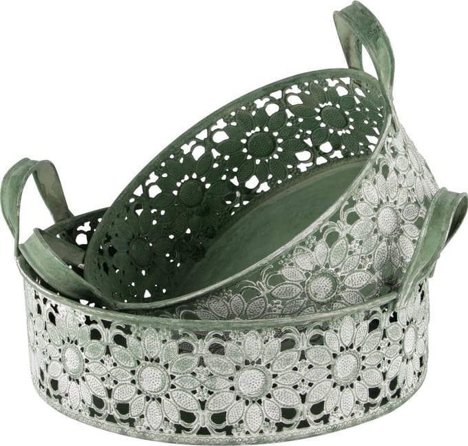 Dekoratief | Set 2 bakjes m/oor, rond, groen, metaal, 22x22x7cm | A240765