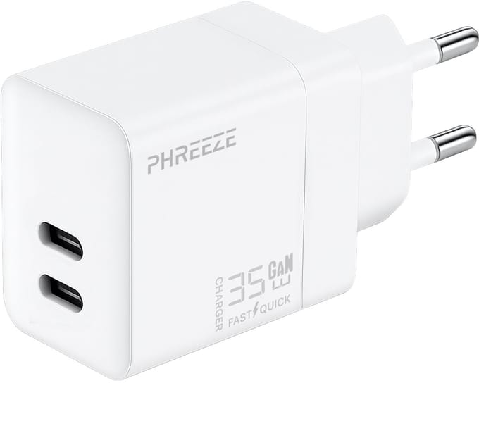 Usb C adapter 2 poorten - 35w - Slimme verdeling - Usb C lader - Snellader - Gan charger - Wit - Phreeze
