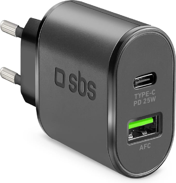 SBS Dual USB / USB-C Oplader Power Delivery 25W 2.5A - Zwart
