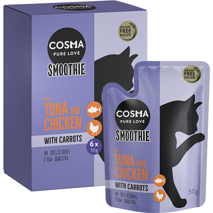 6x50g Cosma Smoothies Kattensnacks Tonijn en Kip met Wortel