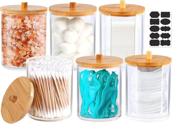 Acryl Qtip-houders en Wattenschijfjes Organizer Set - 6 Stuks met Bamboedeksels