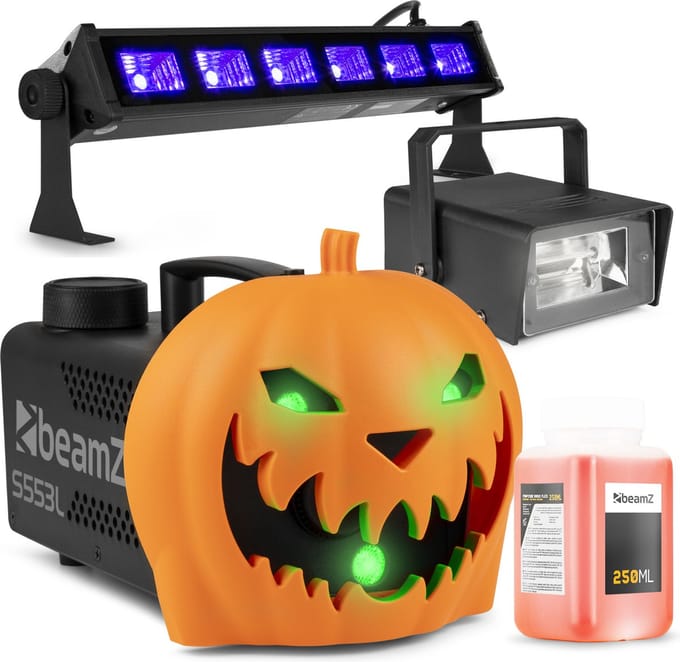 BeamZ Halloween rookmachine partyset - Met opklikbare pompoen - UV LED bar, stroboscoop en lichteffecten